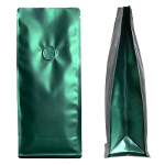 Flat bottom bag dark green matt with aroma valve 250g