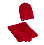Women's, red, autumn set, hat with braids, scarf, gloves