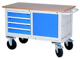 Mobile workbench with shelves and cabinet with hinged door