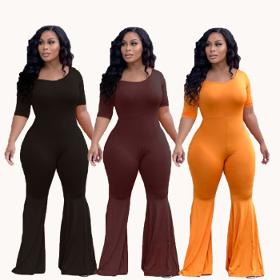 Women Casual One-Piece Flared Short-Sleeved Jumpsuit