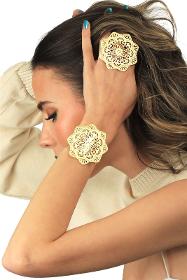Women's Matte Gold Plated Adjustable Wide Band Ethnic Motif Flower Bracelet