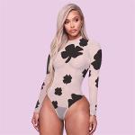 S-3XL Women Sexy Long Sleeve Letter Clover Print See-Through Bodysuits