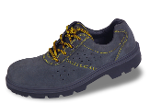 Men's blue work boots with a heavy bomb and yellow shoelaces