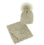 Hat infinity scarf winter gloves for women beige with a pompom