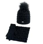 Knitted women's black winter set, infinity scarf hat