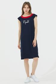 Boat neck printed dress - navy blue