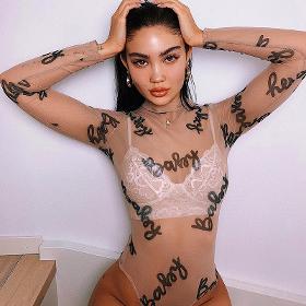 S-L Sexy Letter Print Mesh See-Through Long Sleeve Bodysuits