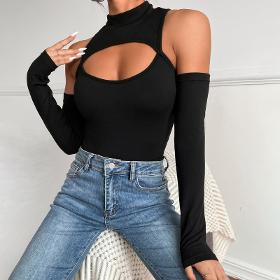 Women Edgy Sexy Irregular Cut Out Long-Sleeved Solid Color Cool Shouler Bodysuit