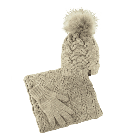 Women's winter set, hat with braids, infinity scarf gloves, beige