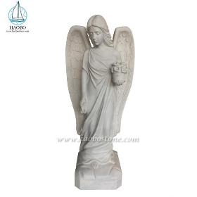 White Marble Sculpture Angel Holding Flower Carved Statues