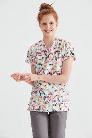 Elastane Medical Blouse, White with Print, Women - Colorful Butterfly Model