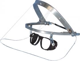 Flip-down goggles on an aluminium hard hat bracket
