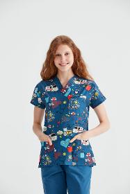 Elastane Medical Blouse, Blue with Print, Women - Ambulance Model