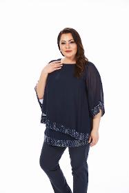 Large Size Navy Blue Color Chiffon Sequin Detailed Tunic