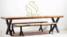 Live Edge Acacia Wood Industrial Table Bench Set
