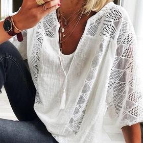 Women Casual Lantern Sleeve Hollow Out Blouse