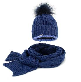 Set in braids, hat with pompom, scarf, blue