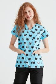 Blue Medical Blouse with Print, For Women - Cat Model