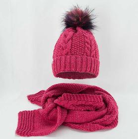 Set in braids, hat with pompom, scarf coral
