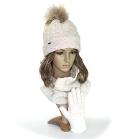 Set for girls winter hat, infinity scarf and gloves, ecru