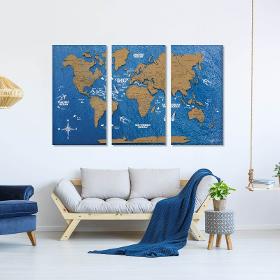 2D Cork Triptych World Map Light