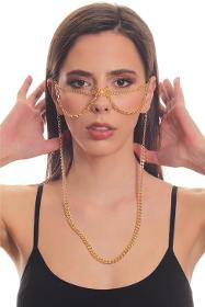 Women's Gold Color Lacquer Plated Compressed Nose Ring Face Chain, Face Jewelry