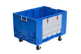 Folding box with wheels and drop-doors for picking