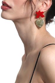 Women's Gold Color Lacquer Plated Studded Model Love's Fire Design Earrings