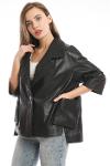 Single Button Women Black Leather Jacket - Relaxed Fit