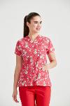 Red Medical Blouse with Print, For Women - Teddy Red
