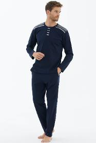 Zero collar knitted detailed pajamas set - navy blue