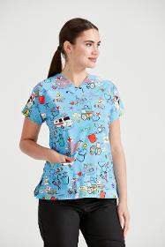 Elastane Medical Blouse, Turquoise with Print, Women - Ambulance Model