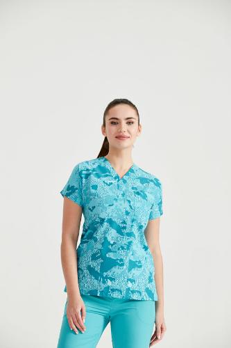 Turquoise Medical Blouse with Print, For Women - Turquoise Camouflage Model